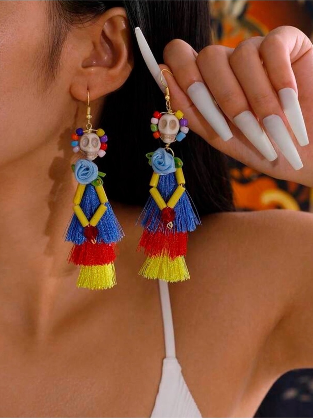 Handmade Colorful Tassel Skull Drop Earrings - Blue/Red/Yellow